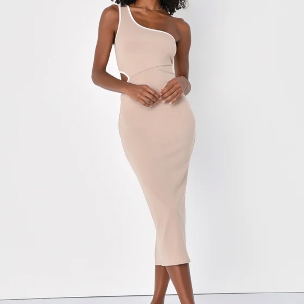 Beige Color Block Ribbed One-Shoulder Midi Dress